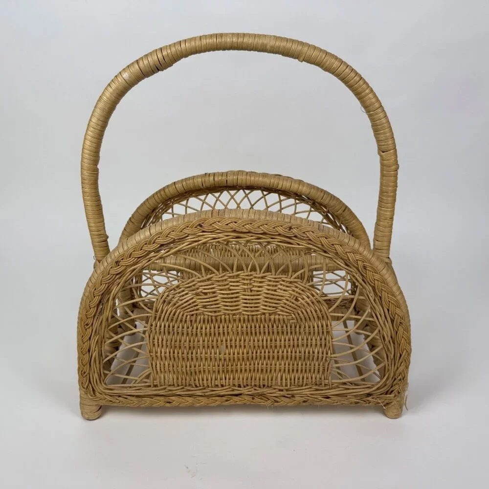 Natural Woven Wicker Rattan Boho Magazine Rack Holder Storage